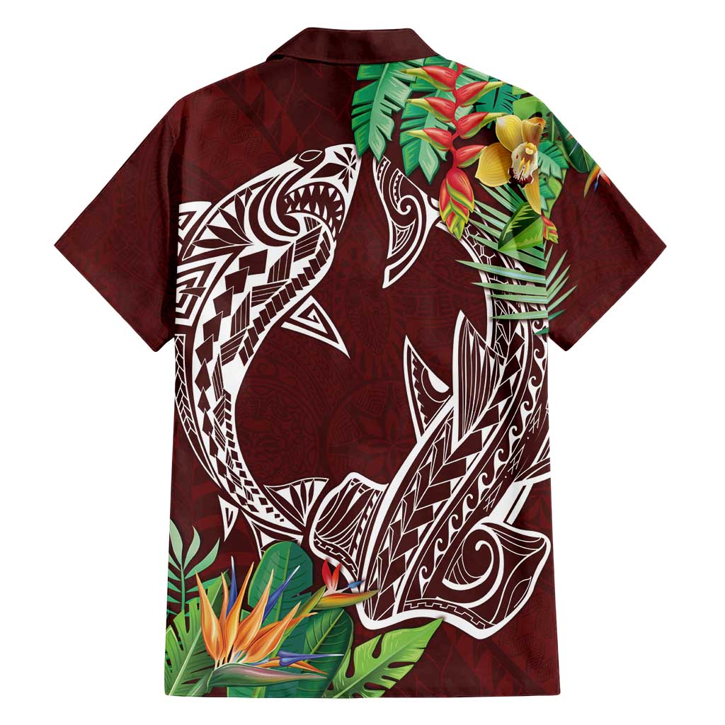 Polynesia Family Matching Long Sleeve Bodycon Dress and Hawaiian Shirt Sharks Duo Tropical Oxblood LT7 - Polynesian Pride