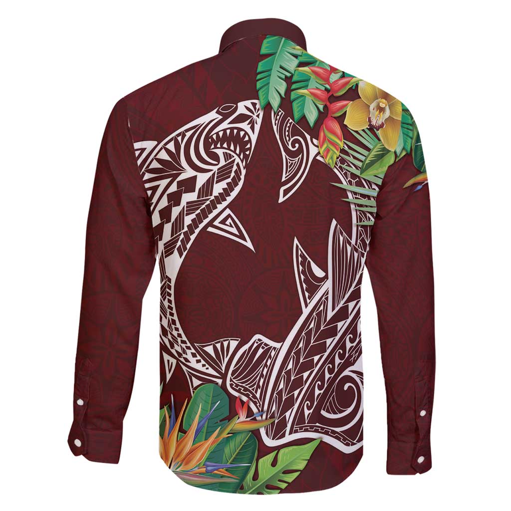 Polynesia Family Matching Long Sleeve Bodycon Dress and Hawaiian Shirt Sharks Duo Tropical Oxblood LT7 - Polynesian Pride