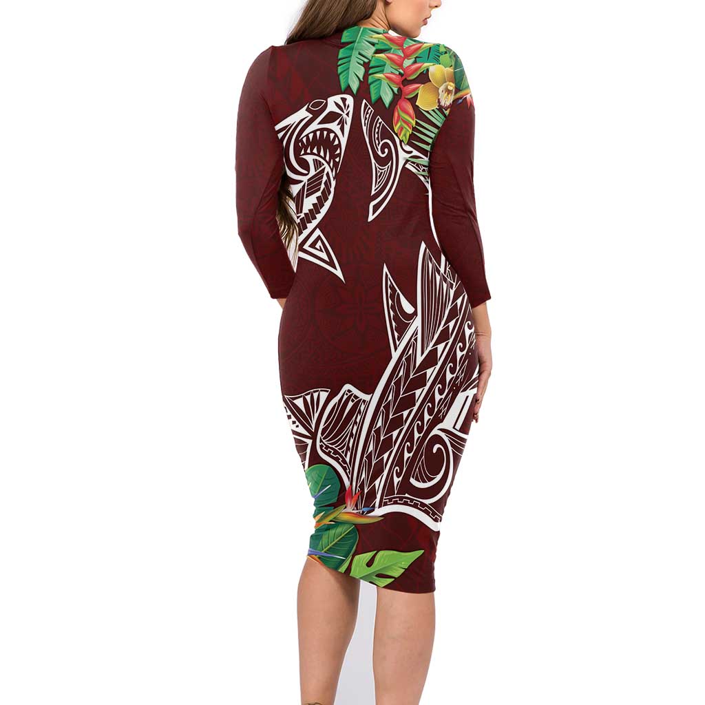 Polynesia Family Matching Long Sleeve Bodycon Dress and Hawaiian Shirt Sharks Duo Tropical Oxblood LT7 - Polynesian Pride