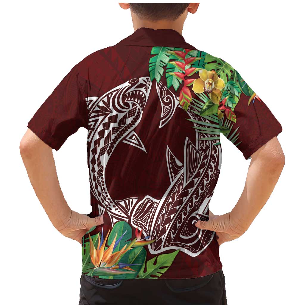 Polynesia Family Matching Mermaid Dress and Hawaiian Shirt Sharks Duo Tropical Oxblood LT7 - Polynesian Pride