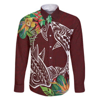 Polynesia Family Matching Mermaid Dress and Hawaiian Shirt Sharks Duo Tropical Oxblood LT7 Dad's Shirt - Long Sleeve Oxblood - Polynesian Pride