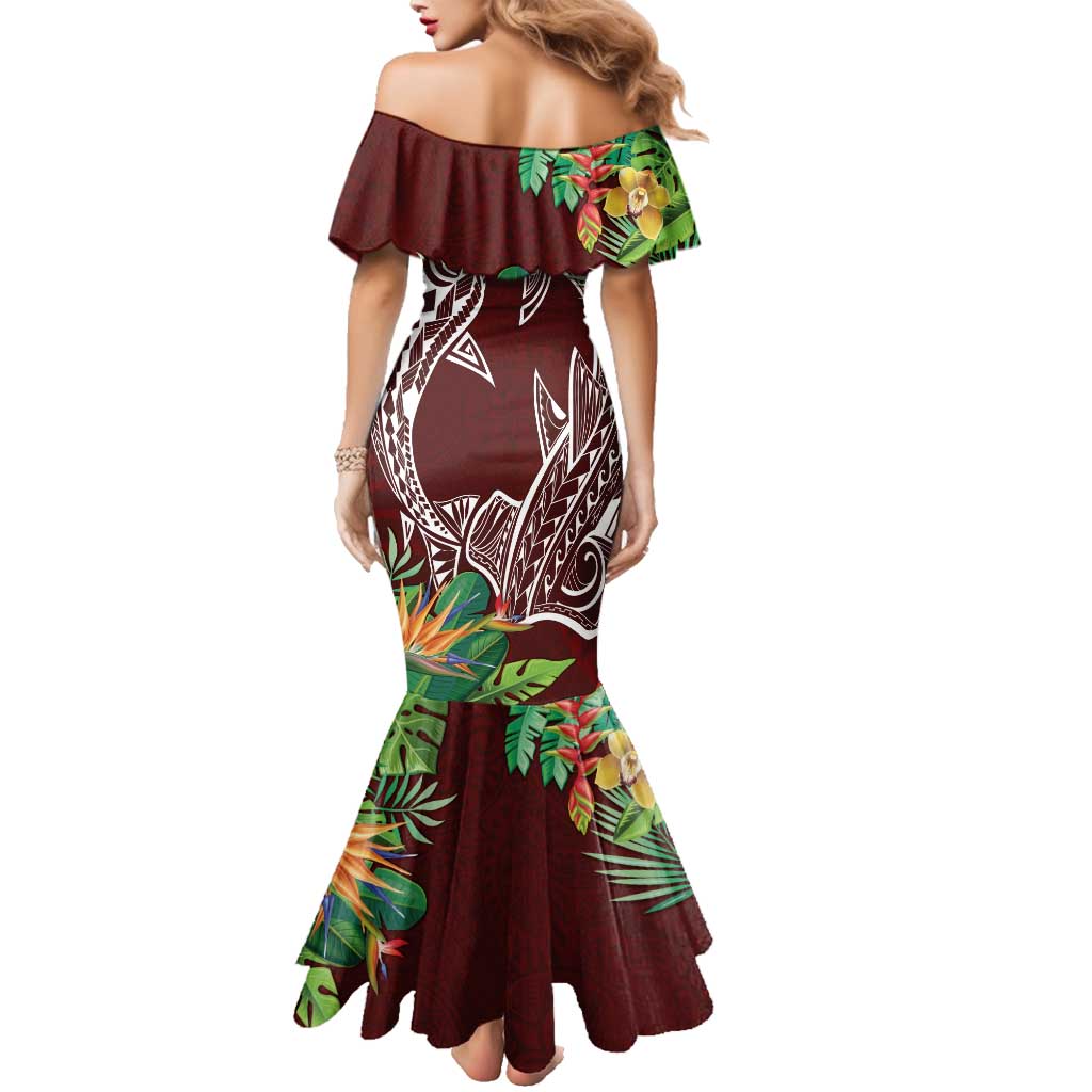 Polynesia Family Matching Mermaid Dress and Hawaiian Shirt Sharks Duo Tropical Oxblood LT7 - Polynesian Pride