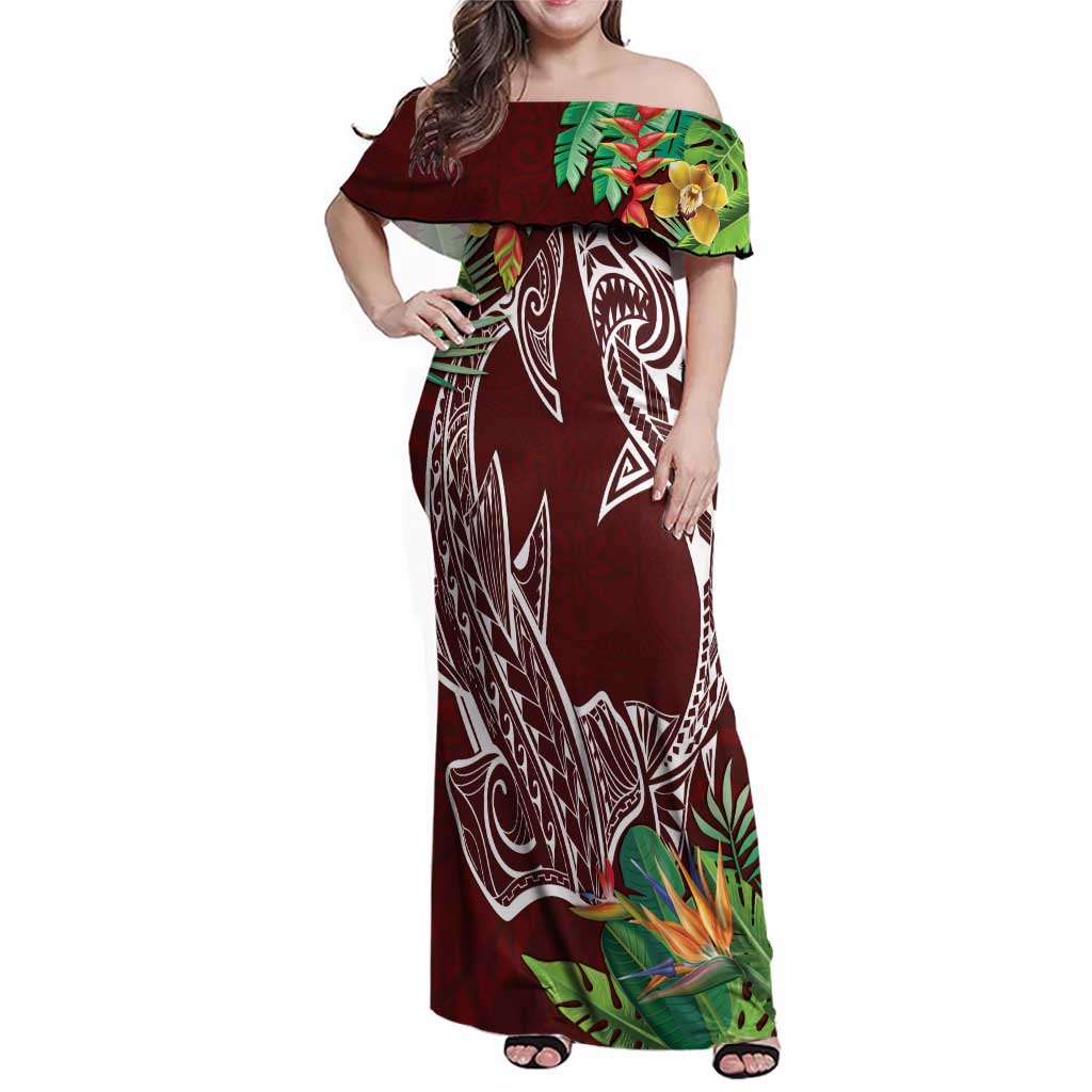 Polynesia Family Matching Off Shoulder Maxi Dress and Hawaiian Shirt Sharks Duo Tropical Oxblood