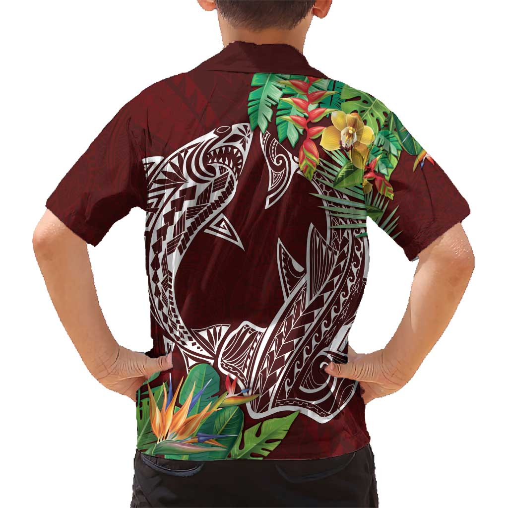 Polynesia Family Matching Short Sleeve Bodycon Dress and Hawaiian Shirt Sharks Duo Tropical Oxblood LT7 - Polynesian Pride