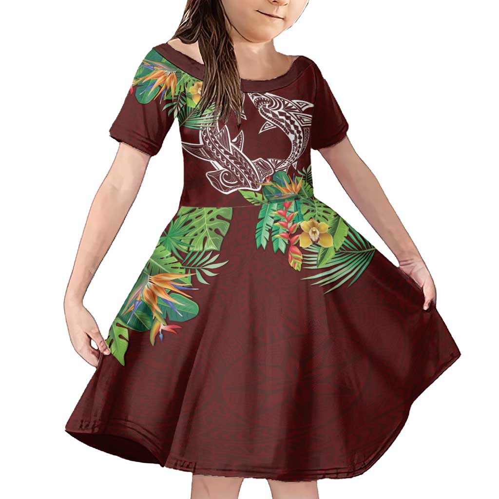Polynesia Family Matching Short Sleeve Bodycon Dress and Hawaiian Shirt Sharks Duo Tropical Oxblood LT7 Daughter's Dress Oxblood - Polynesian Pride