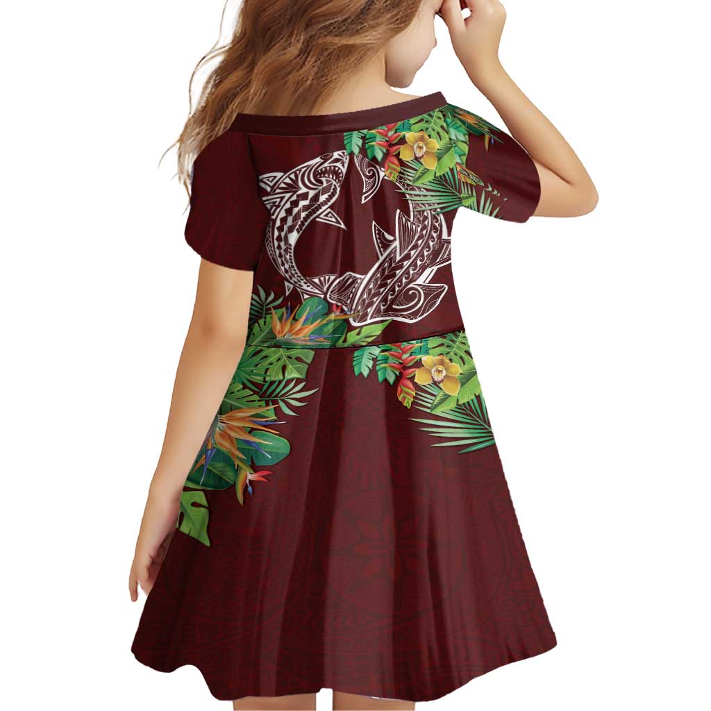 Polynesia Family Matching Short Sleeve Bodycon Dress and Hawaiian Shirt Sharks Duo Tropical Oxblood LT7 - Polynesian Pride