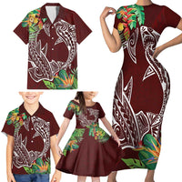 Polynesia Family Matching Short Sleeve Bodycon Dress and Hawaiian Shirt Sharks Duo Tropical Oxblood LT7 - Polynesian Pride