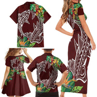Polynesia Family Matching Short Sleeve Bodycon Dress and Hawaiian Shirt Sharks Duo Tropical Oxblood LT7 - Polynesian Pride