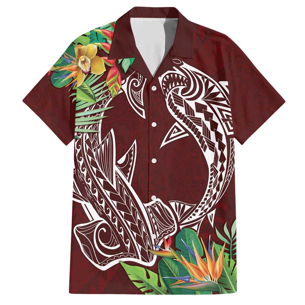 Polynesia Family Matching Short Sleeve Bodycon Dress and Hawaiian Shirt Sharks Duo Tropical Oxblood LT7 Dad's Shirt - Short Sleeve Oxblood - Polynesian Pride