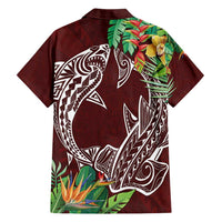 Polynesia Family Matching Short Sleeve Bodycon Dress and Hawaiian Shirt Sharks Duo Tropical Oxblood LT7 - Polynesian Pride