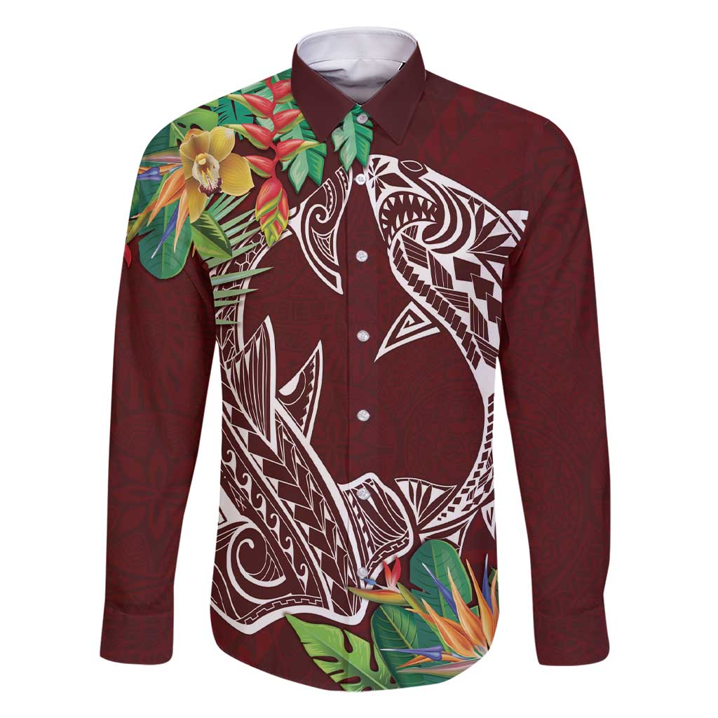 Polynesia Family Matching Short Sleeve Bodycon Dress and Hawaiian Shirt Sharks Duo Tropical Oxblood LT7 Dad's Shirt - Long Sleeve Oxblood - Polynesian Pride
