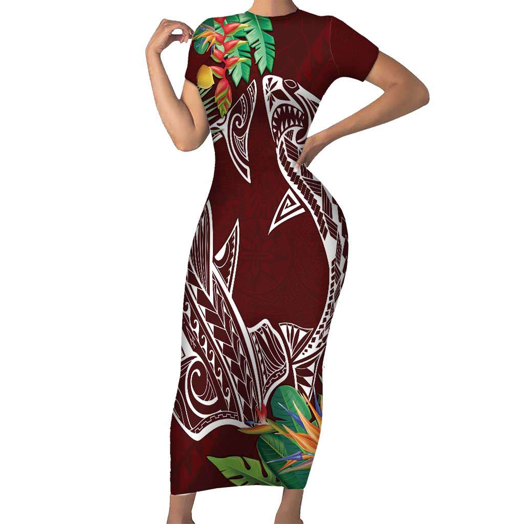 Polynesia Family Matching Short Sleeve Bodycon Dress and Hawaiian Shirt Sharks Duo Tropical Oxblood LT7 Mom's Dress Oxblood - Polynesian Pride
