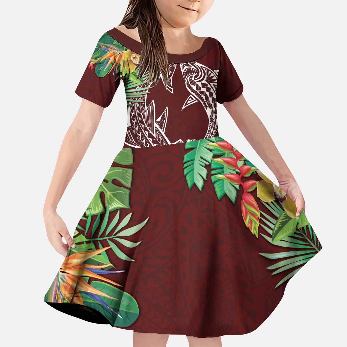 Polynesia Kid Short Sleeve Dress Sharks Duo Tropical Oxblood