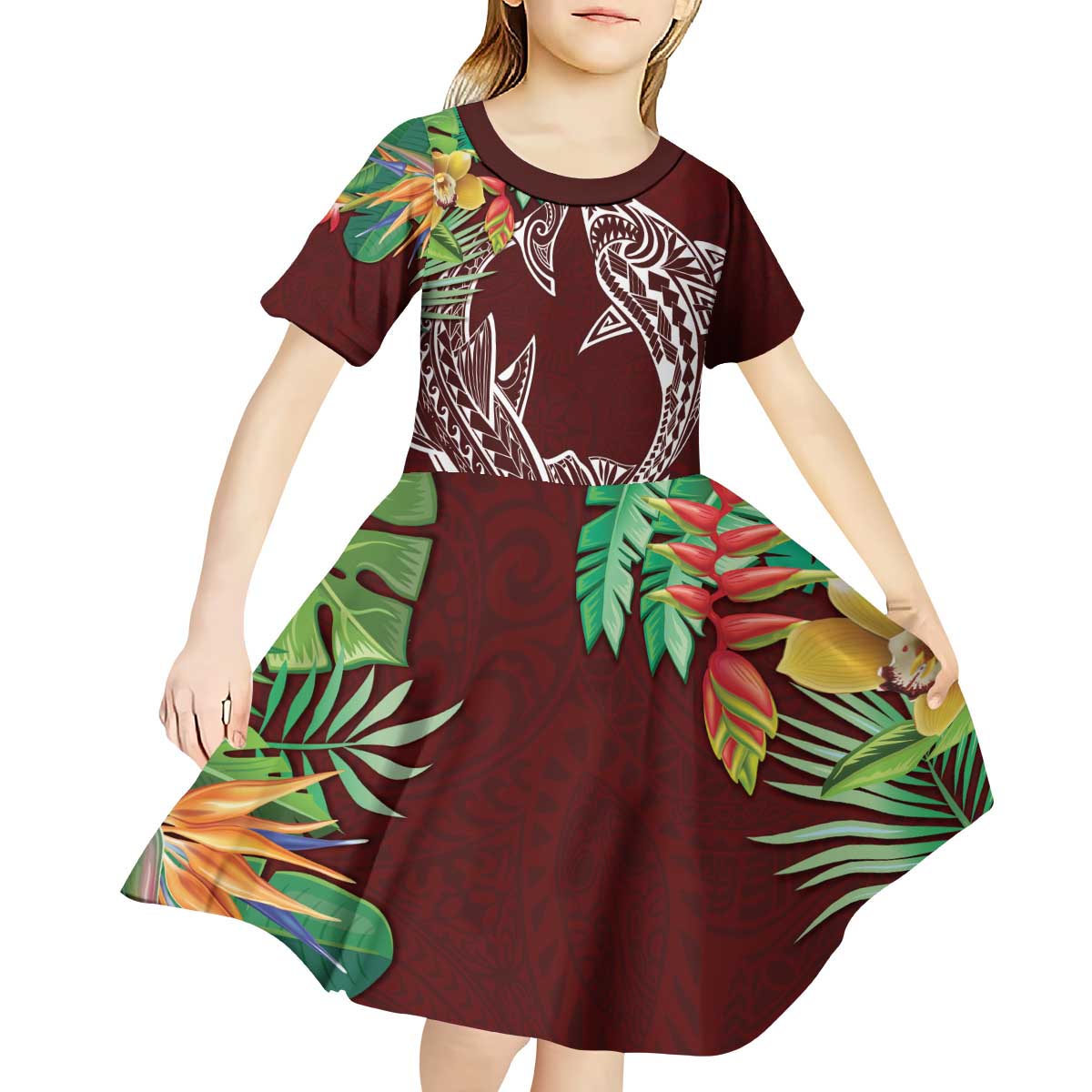 Polynesia Kid Short Sleeve Dress Sharks Duo Tropical Oxblood