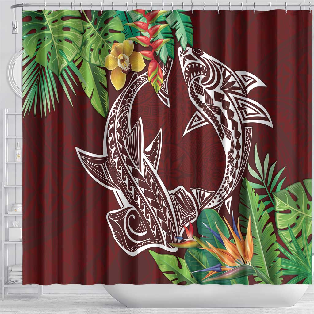 Polynesia Shower Curtain Sharks Duo Tropical Oxblood