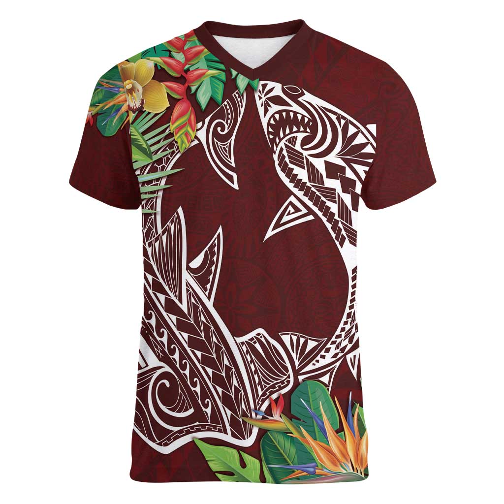 Polynesia Women V-Neck T-Shirt Sharks Duo Tropical Oxblood