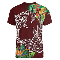 Polynesia Women V-Neck T-Shirt Sharks Duo Tropical Oxblood