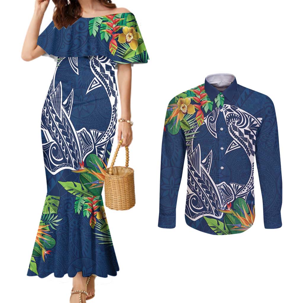 Polynesia Couples Matching Mermaid Dress and Long Sleeve Button Shirt Sharks Duo Tropical Navy