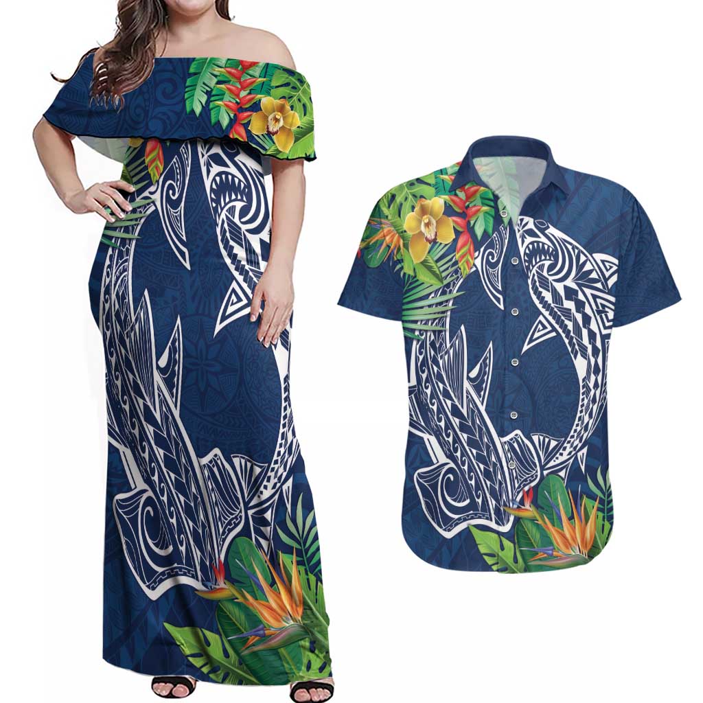 Polynesia Couples Matching Off Shoulder Maxi Dress and Hawaiian Shirt Sharks Duo Tropical Navy