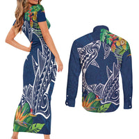 Polynesia Couples Matching Short Sleeve Bodycon Dress and Long Sleeve Button Shirt Sharks Duo Tropical Navy
