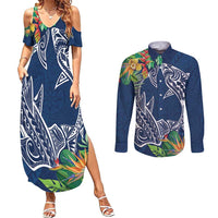 Polynesia Couples Matching Summer Maxi Dress and Long Sleeve Button Shirt Sharks Duo Tropical Navy