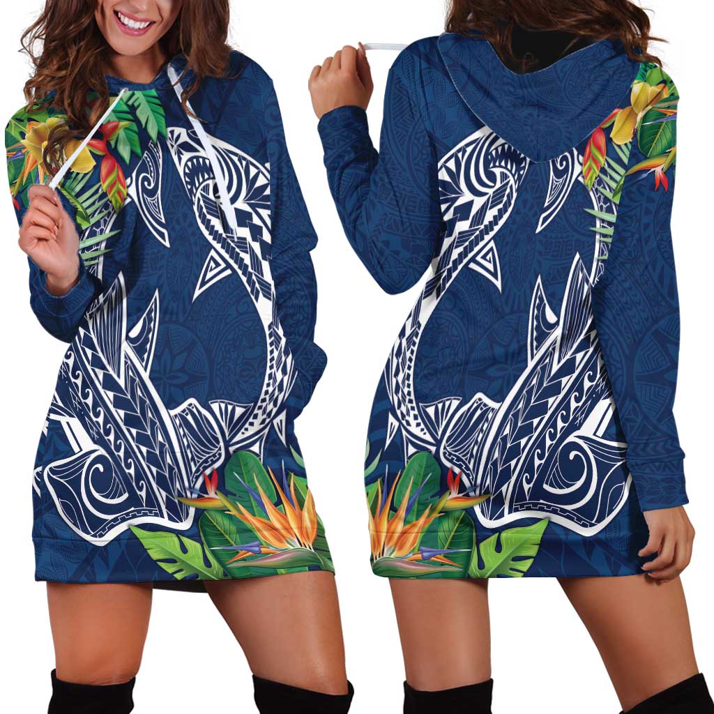 Polynesia Hoodie Dress Sharks Duo Tropical Navy