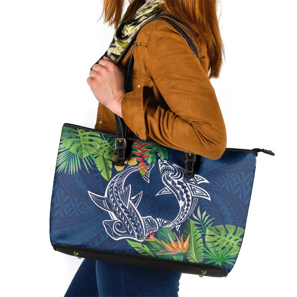 Polynesia Leather Tote Bag Sharks Duo Tropical Navy