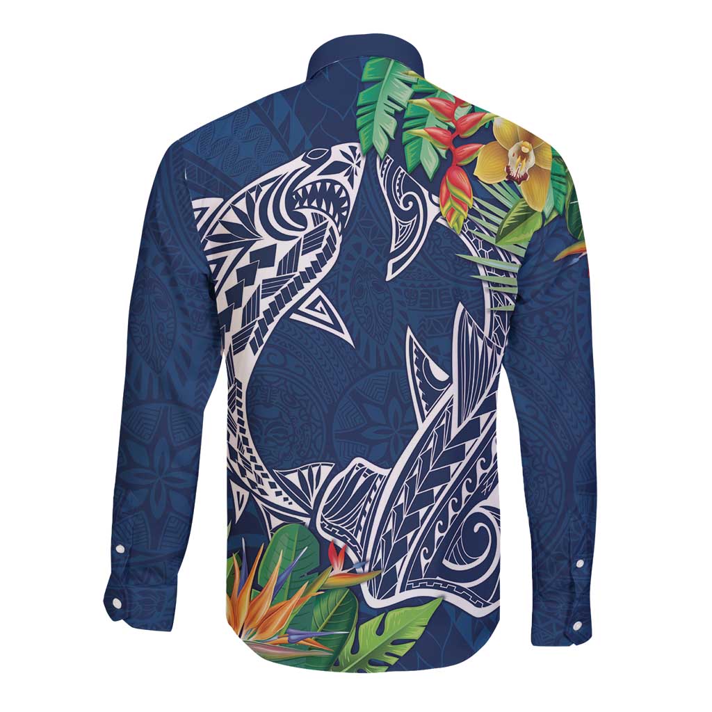 Polynesia Long Sleeve Button Shirt Sharks Duo Tropical Navy