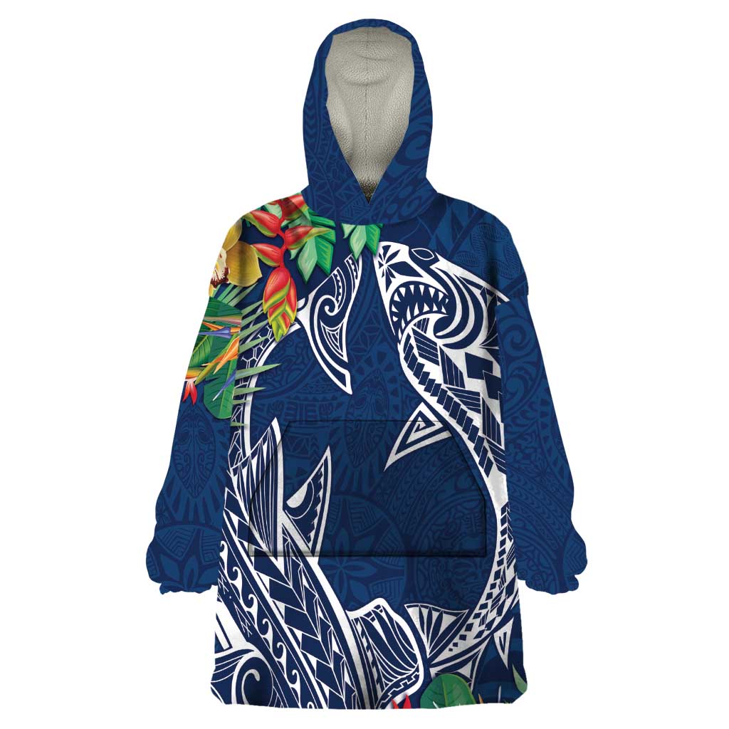 Polynesia Wearable Blanket Hoodie Sharks Duo Tropical Navy