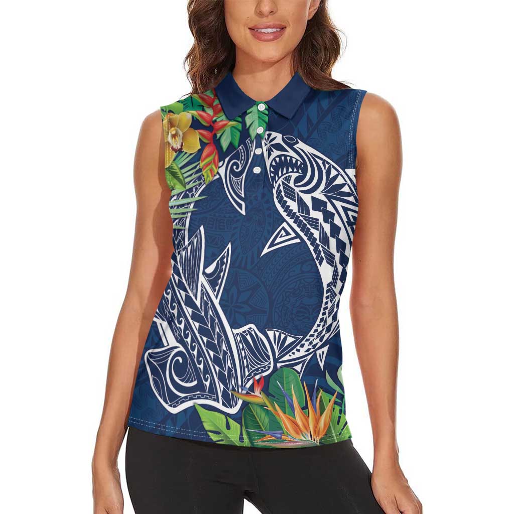 Polynesia Women Sleeveless Polo Shirt Sharks Duo Tropical Navy