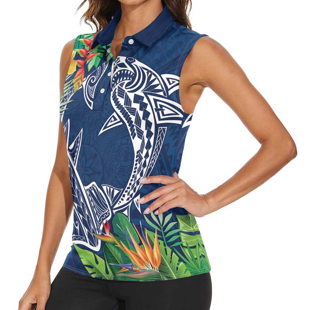Polynesia Women Sleeveless Polo Shirt Sharks Duo Tropical Navy