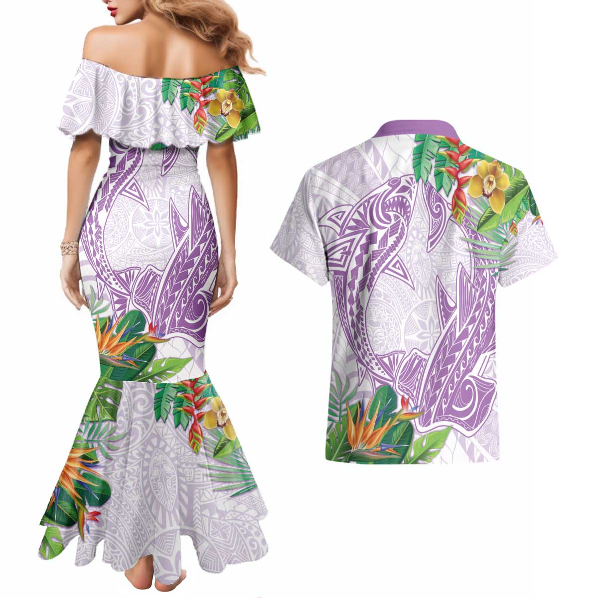Polynesia Couples Matching Mermaid Dress and Hawaiian Shirt Sharks Duo Tropical Lavender