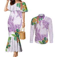 Polynesia Couples Matching Mermaid Dress and Long Sleeve Button Shirt Sharks Duo Tropical Lavender
