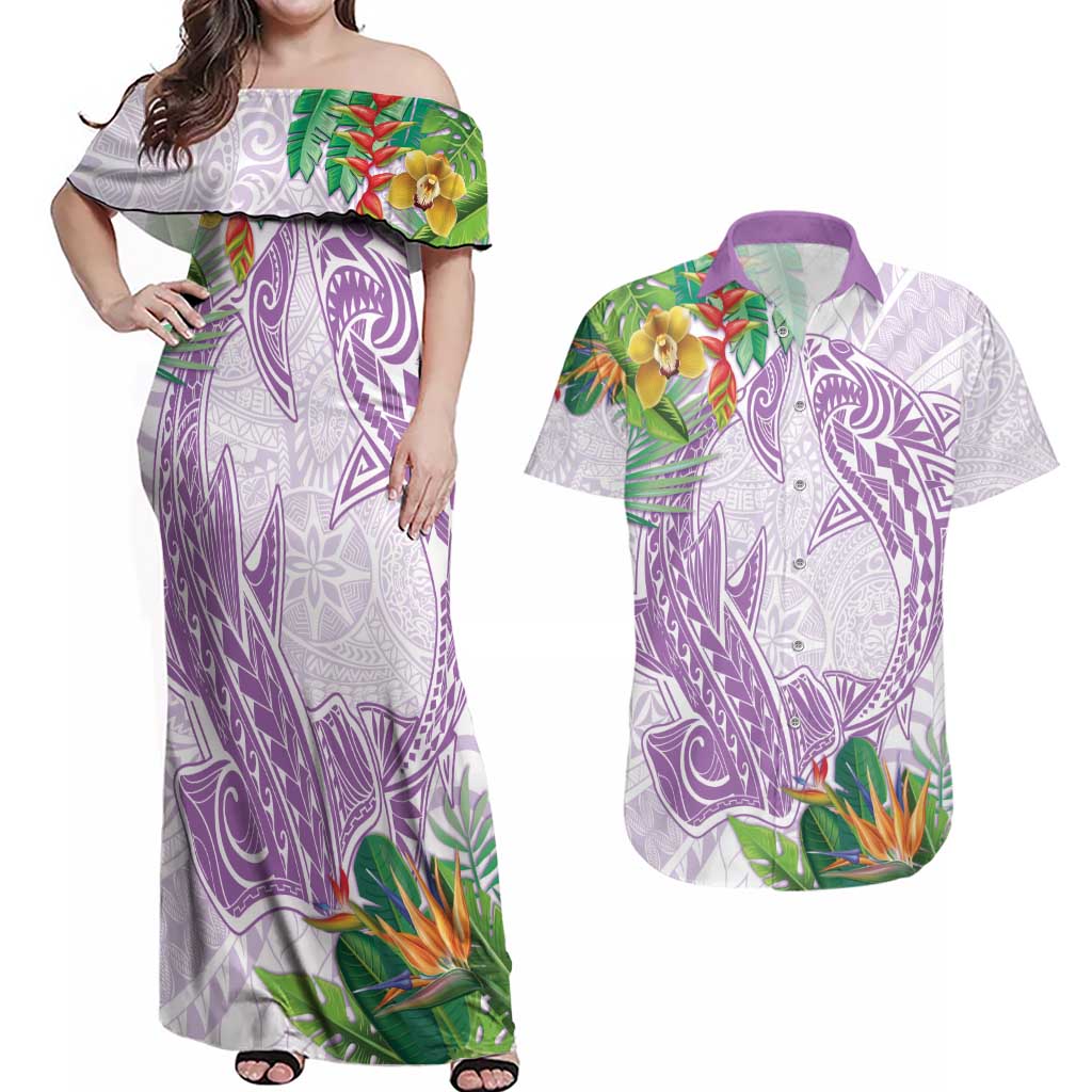 Polynesia Couples Matching Off Shoulder Maxi Dress and Hawaiian Shirt Sharks Duo Tropical Lavender