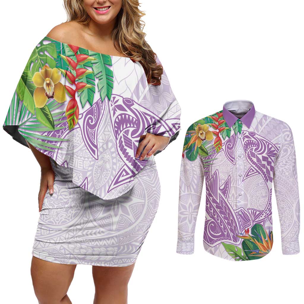Polynesia Couples Matching Off Shoulder Short Dress and Long Sleeve Button Shirt Sharks Duo Tropical Lavender