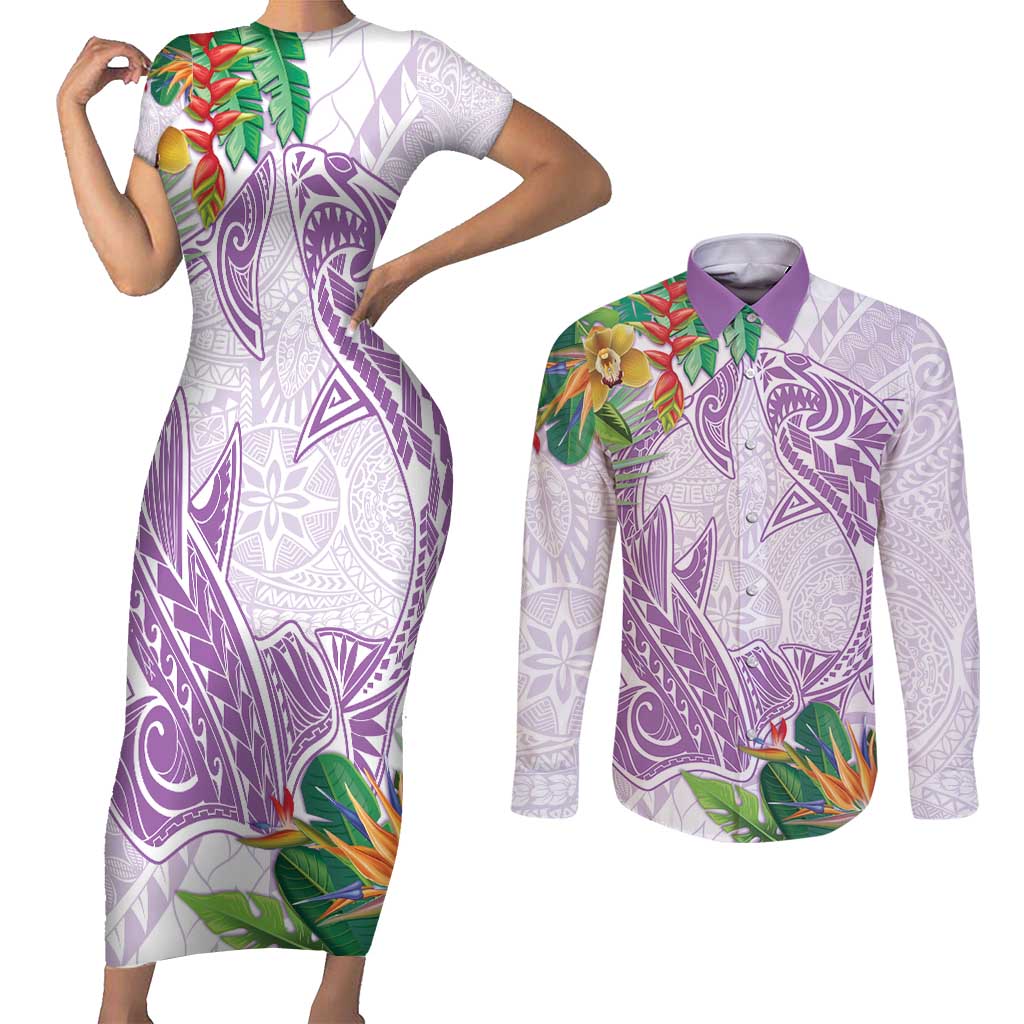 Polynesia Couples Matching Short Sleeve Bodycon Dress and Long Sleeve Button Shirt Sharks Duo Tropical Lavender