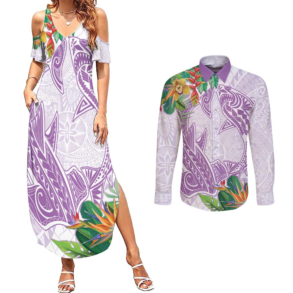 Polynesia Couples Matching Summer Maxi Dress and Long Sleeve Button Shirt Sharks Duo Tropical Lavender