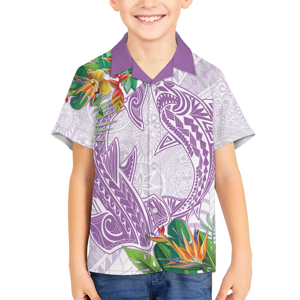 Polynesia Family Matching Off Shoulder Maxi Dress and Hawaiian Shirt Sharks Duo Tropical Lavender