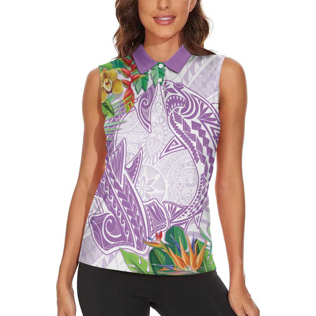 Polynesia Women Sleeveless Polo Shirt Sharks Duo Tropical Lavender