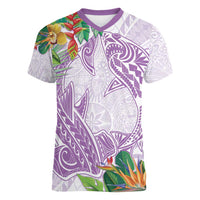 Polynesia Women V-Neck T-Shirt Sharks Duo Tropical Lavender