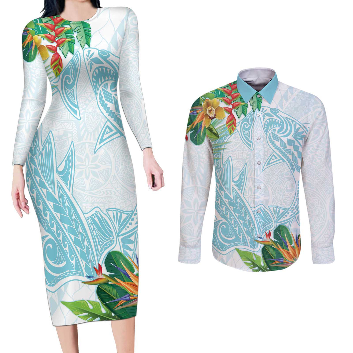 Polynesia Couples Matching Long Sleeve Bodycon Dress and Long Sleeve Button Shirt Sharks Duo Tropical Turquoise