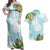 Polynesia Couples Matching Off Shoulder Maxi Dress and Hawaiian Shirt Sharks Duo Tropical Turquoise