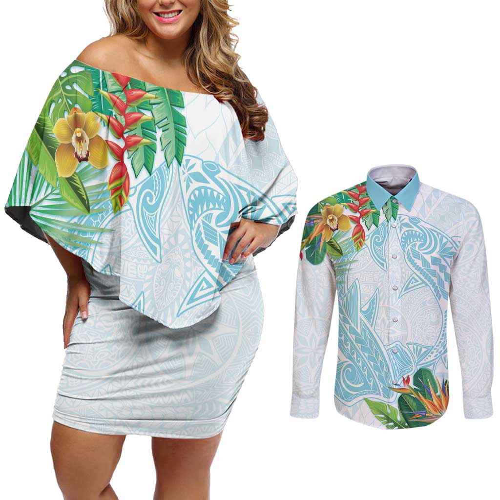 Polynesia Couples Matching Off Shoulder Short Dress and Long Sleeve Button Shirt Sharks Duo Tropical Turquoise