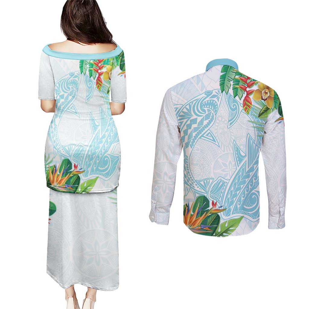 Polynesia Couples Matching Puletasi and Long Sleeve Button Shirt Sharks Duo Tropical Turquoise