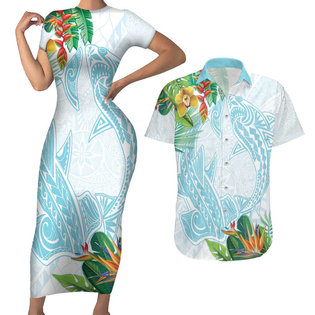 Polynesia Couples Matching Short Sleeve Bodycon Dress and Hawaiian Shirt Sharks Duo Tropical Turquoise