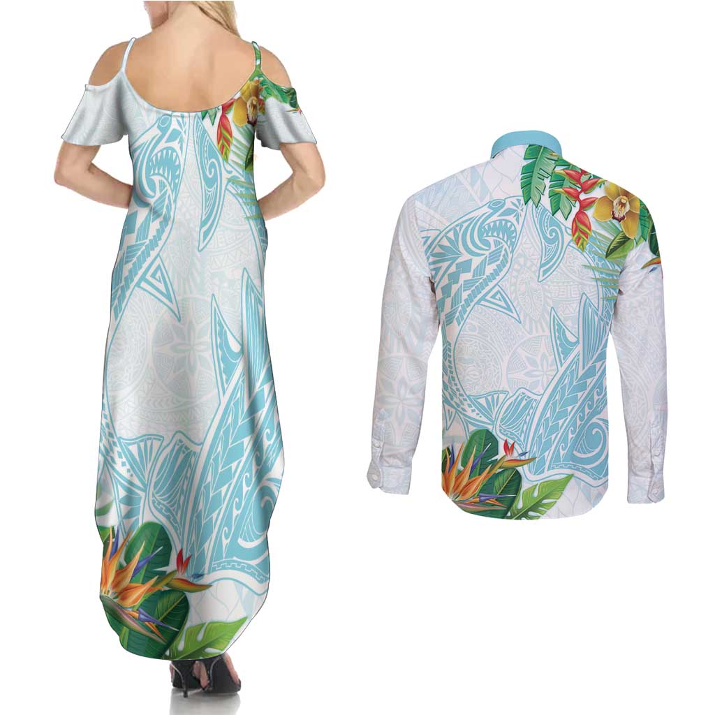 Polynesia Couples Matching Summer Maxi Dress and Long Sleeve Button Shirt Sharks Duo Tropical Turquoise