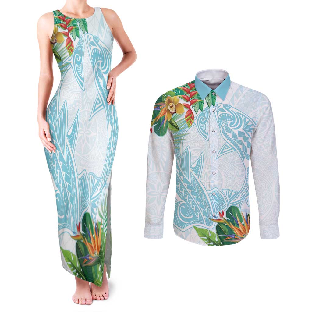 Polynesia Couples Matching Tank Maxi Dress and Long Sleeve Button Shirt Sharks Duo Tropical Turquoise