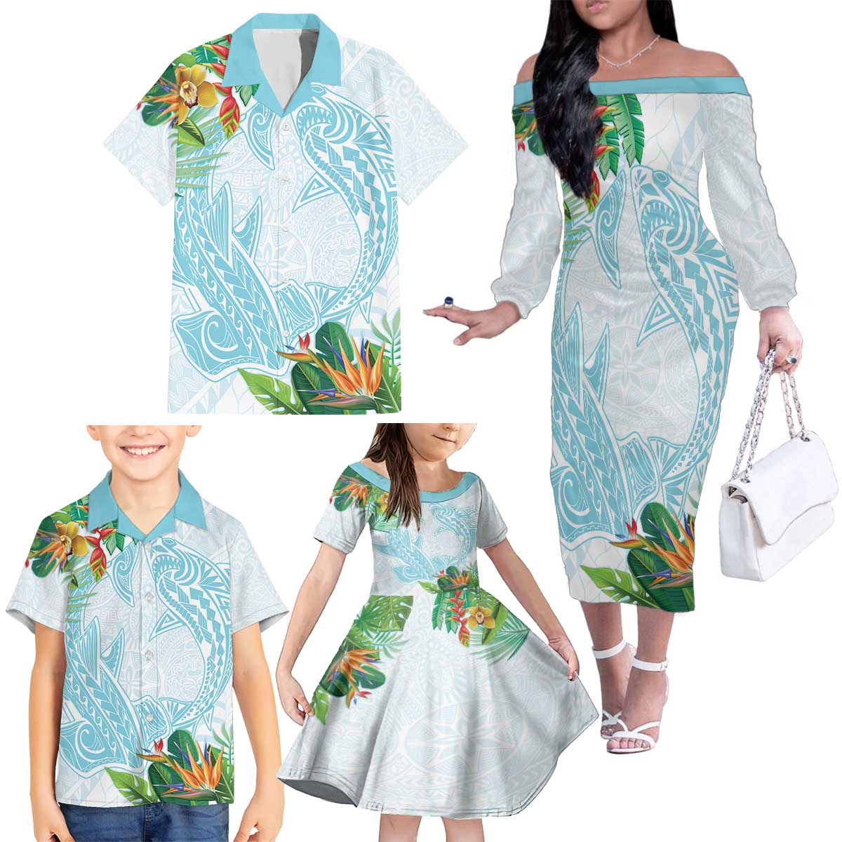 Polynesia Family Matching Off The Shoulder Long Sleeve Dress and Hawaiian Shirt Sharks Duo Tropical Turquoise