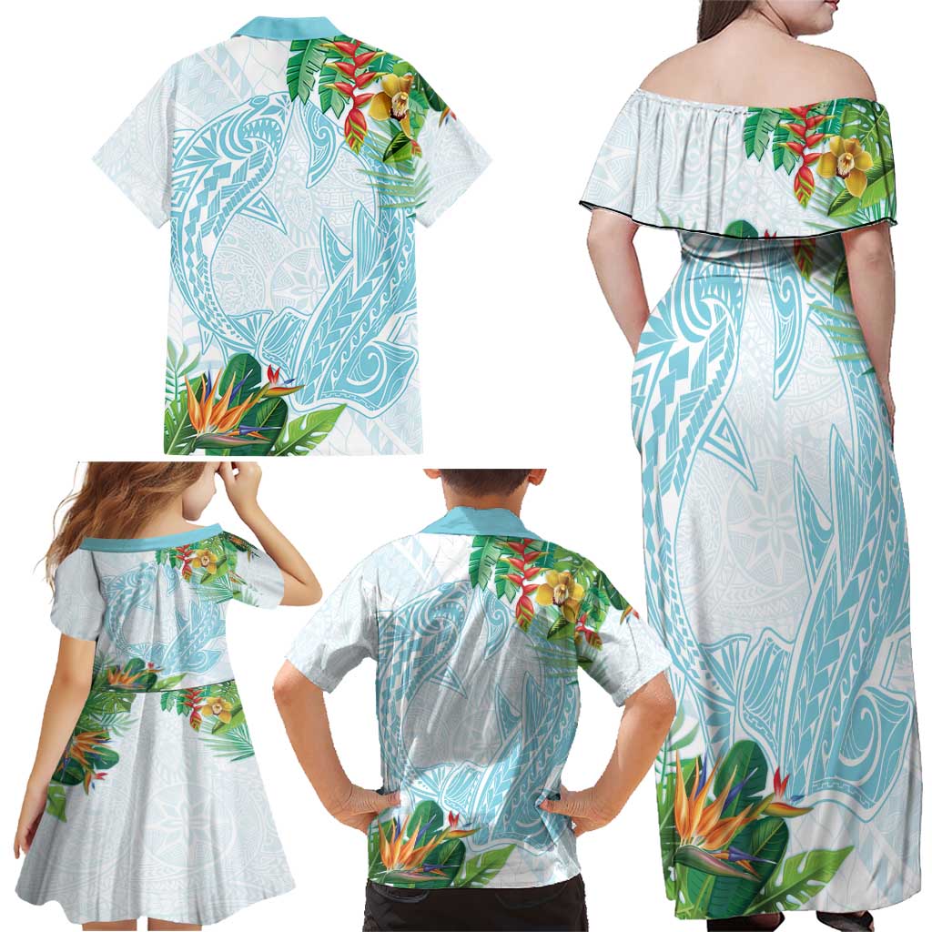 Polynesia Family Matching Off Shoulder Maxi Dress and Hawaiian Shirt Sharks Duo Tropical Turquoise