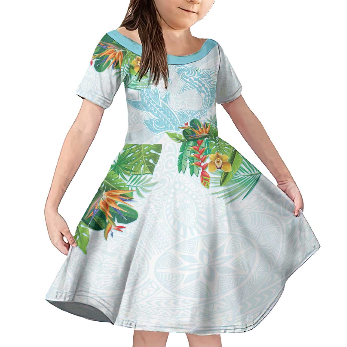 Polynesia Family Matching Puletasi and Hawaiian Shirt Sharks Duo Tropical Turquoise